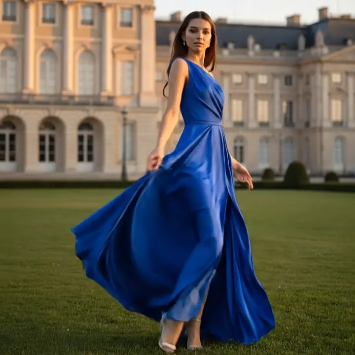 μια κοπελα φοραει ενα φαρδυ φορεμα απο κρεπ σατεν στην ποιοτητα ριο και επιδικνυει την κινηση