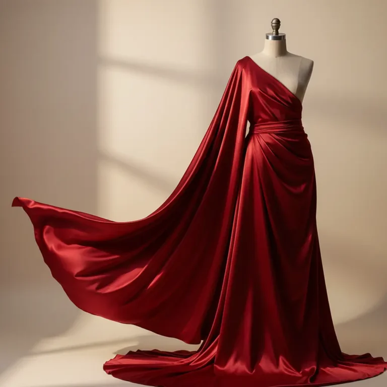 Μια κούκλα επιδεικνύει ένα πολυτελές, βαθύ κόκκινο φόρεμα κατασκευασμένο από αέρινο σατέν σαν μετάξι, με δραματικό σχέδιο ενός ώμου και μακριά, ρέουσα ουρά, σε ένα απαλά φωτισμένο ουδέτερο φόντο. Υφάσματα Ιχτιάρογλου